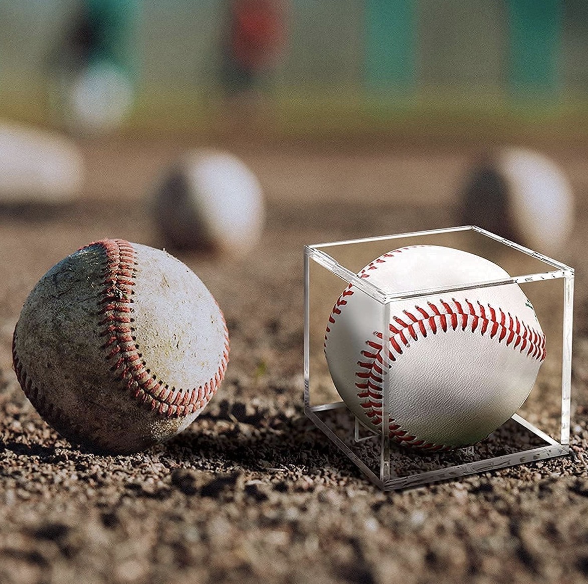 Baseball outside of case and Baseball inside of case. 