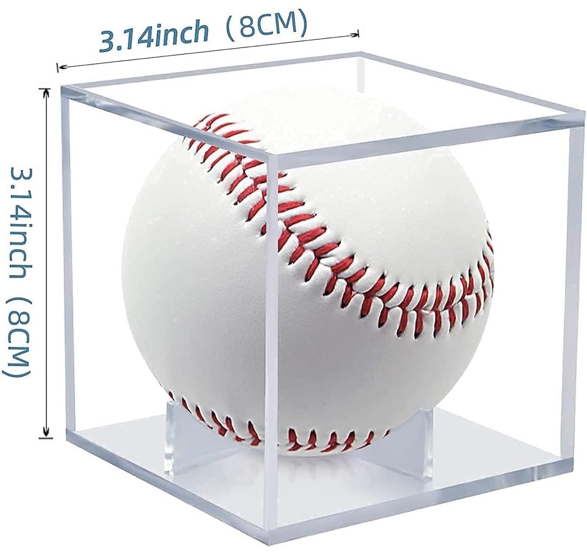 Baseball in case with dimensions of case