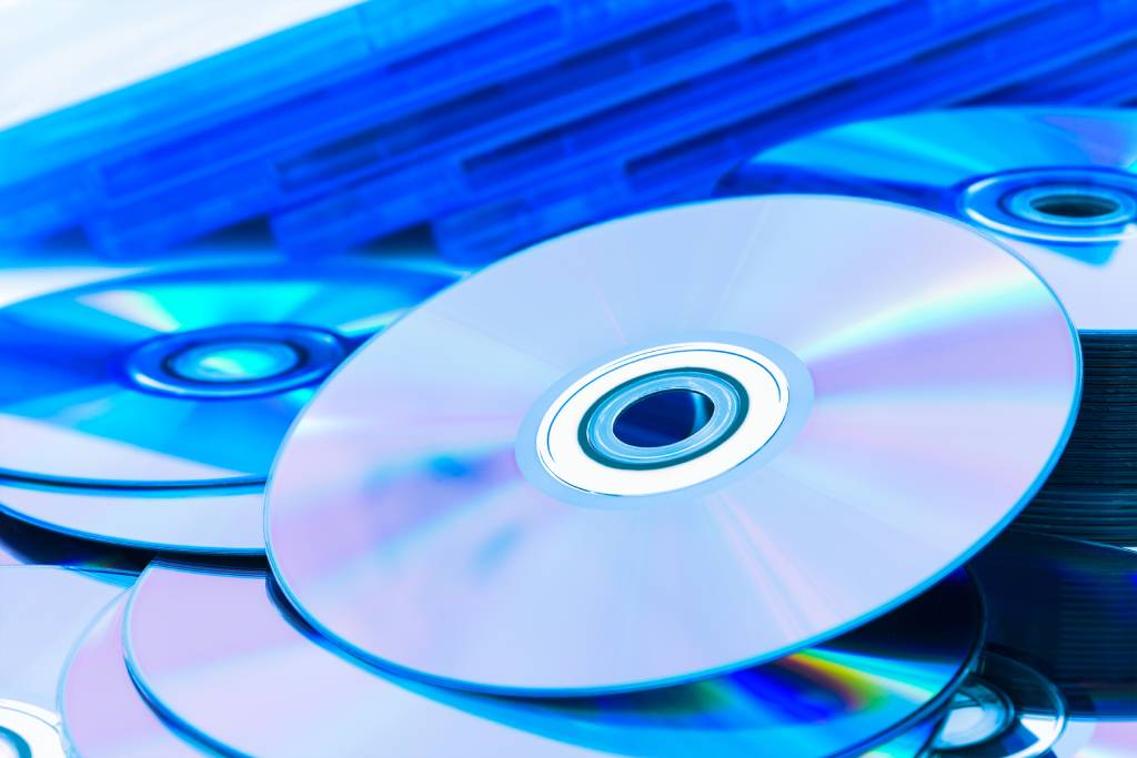 A close up of a stack of Blu-Ray discs.