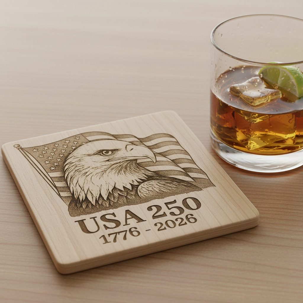 Square Wood Coaster, engraved with 250th Anniversary of the United States